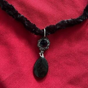 Hand Crafted Black Chenille Crochet Quartz Pendant Necklace Choker Handmade